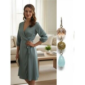 Pastel Blue Teardrop Dangle Earrings Gold Tone Filigree Bead Earrings